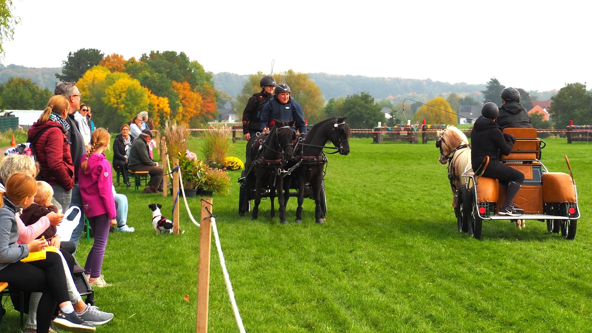 Zwei Kutschen begegnen einander vor eine Reihe Zuschauer.