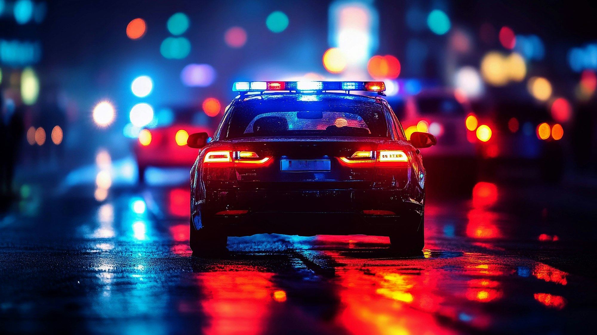 Zu sehen ist ein unscharfer Hintergrund mit den blinkenden Lichtern der Polizei am Tatort.