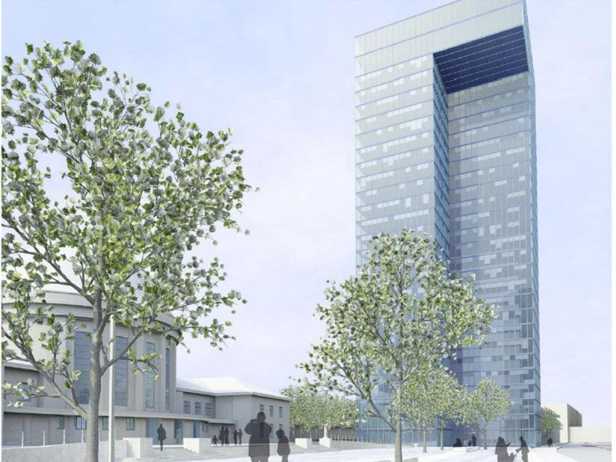 So sollte das von Architekt Helmut Jahn entworfene 110-Meter-Hochhaus am Bahnhof Messe/Deutz aussehen.