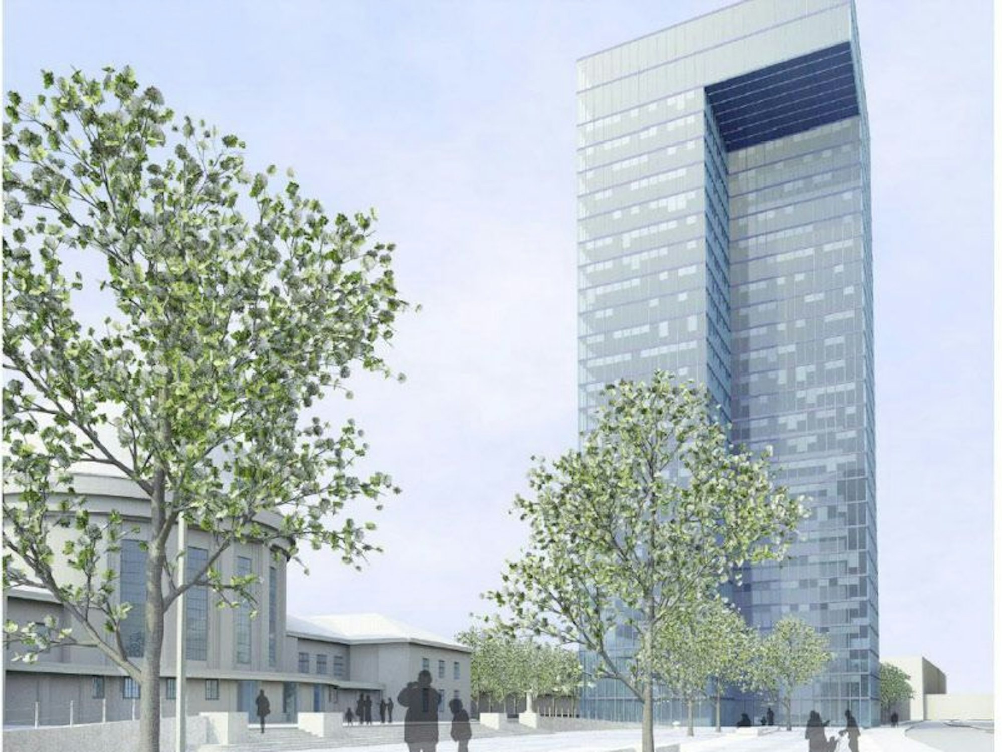 So sollte das von Architekt Helmut Jahn entworfene 110-Meter-Hochhaus am Bahnhof Messe/Deutz aussehen.