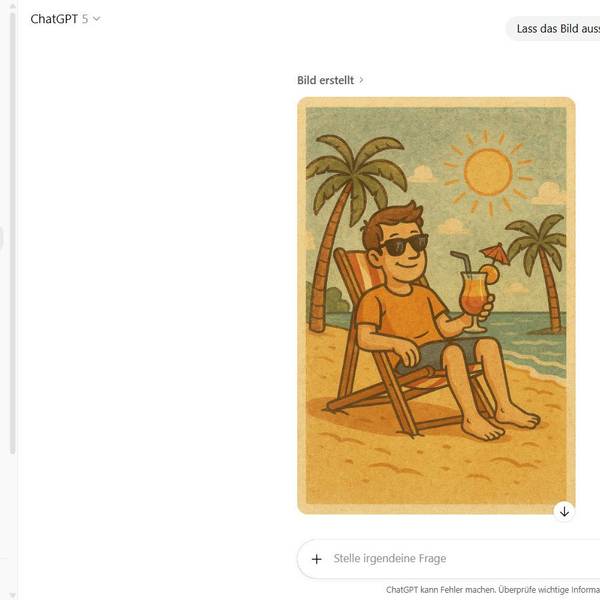 Chat mit ChatGPT, darin ein erstelltes Bild von einem Mann, der an einem Strand in einem Liegestuhl sitzt und einen Cocktail in der Hand hält.