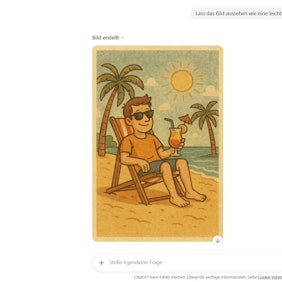 Chat mit ChatGPT, darin ein erstelltes Bild von einem Mann, der an einem Strand in einem Liegestuhl sitzt und einen Cocktail in der Hand hält.