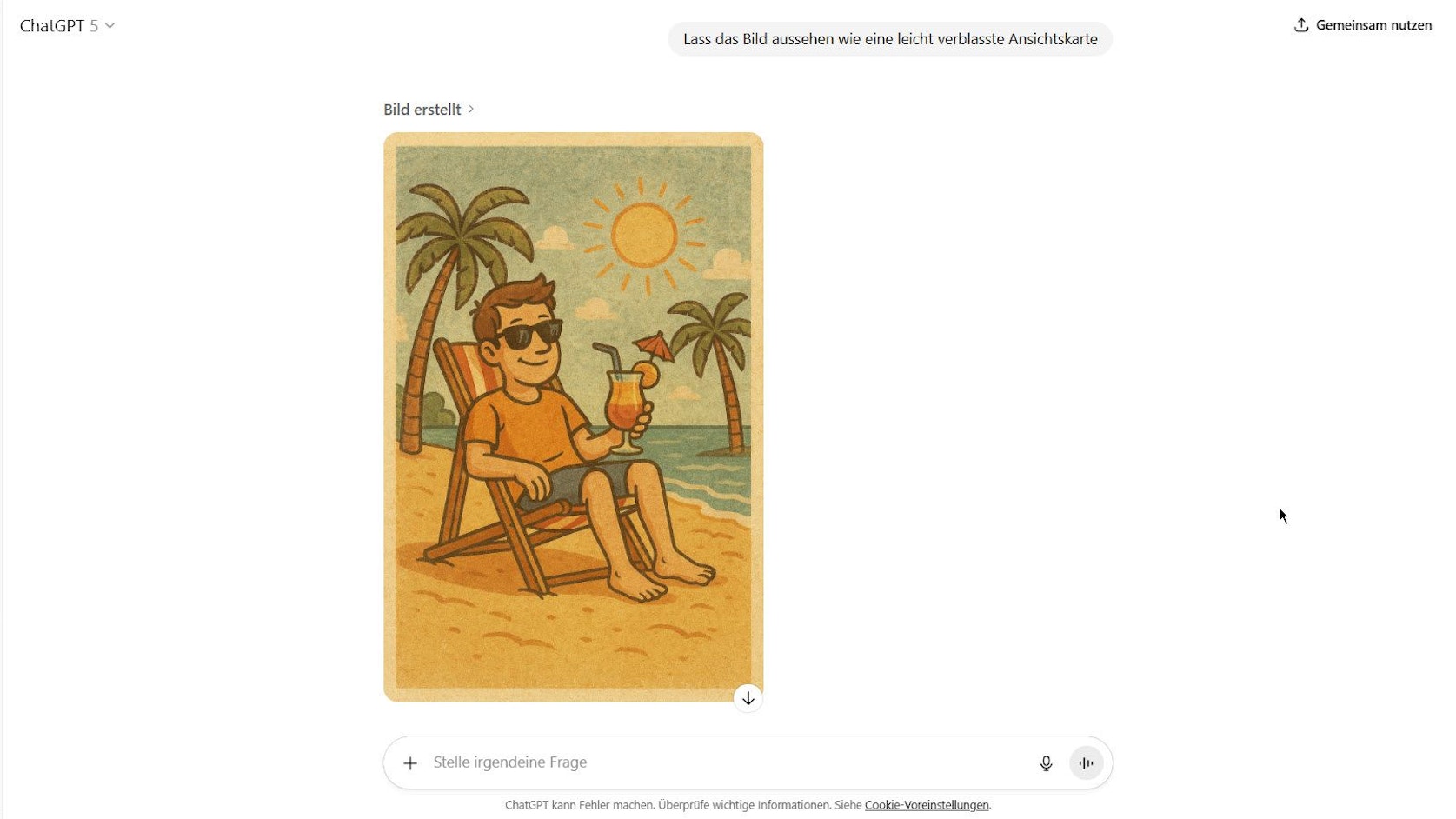 Chat mit ChatGPT, darin ein erstelltes Bild von einem Mann, der an einem Strand in einem Liegestuhl sitzt und einen Cocktail in der Hand hält.