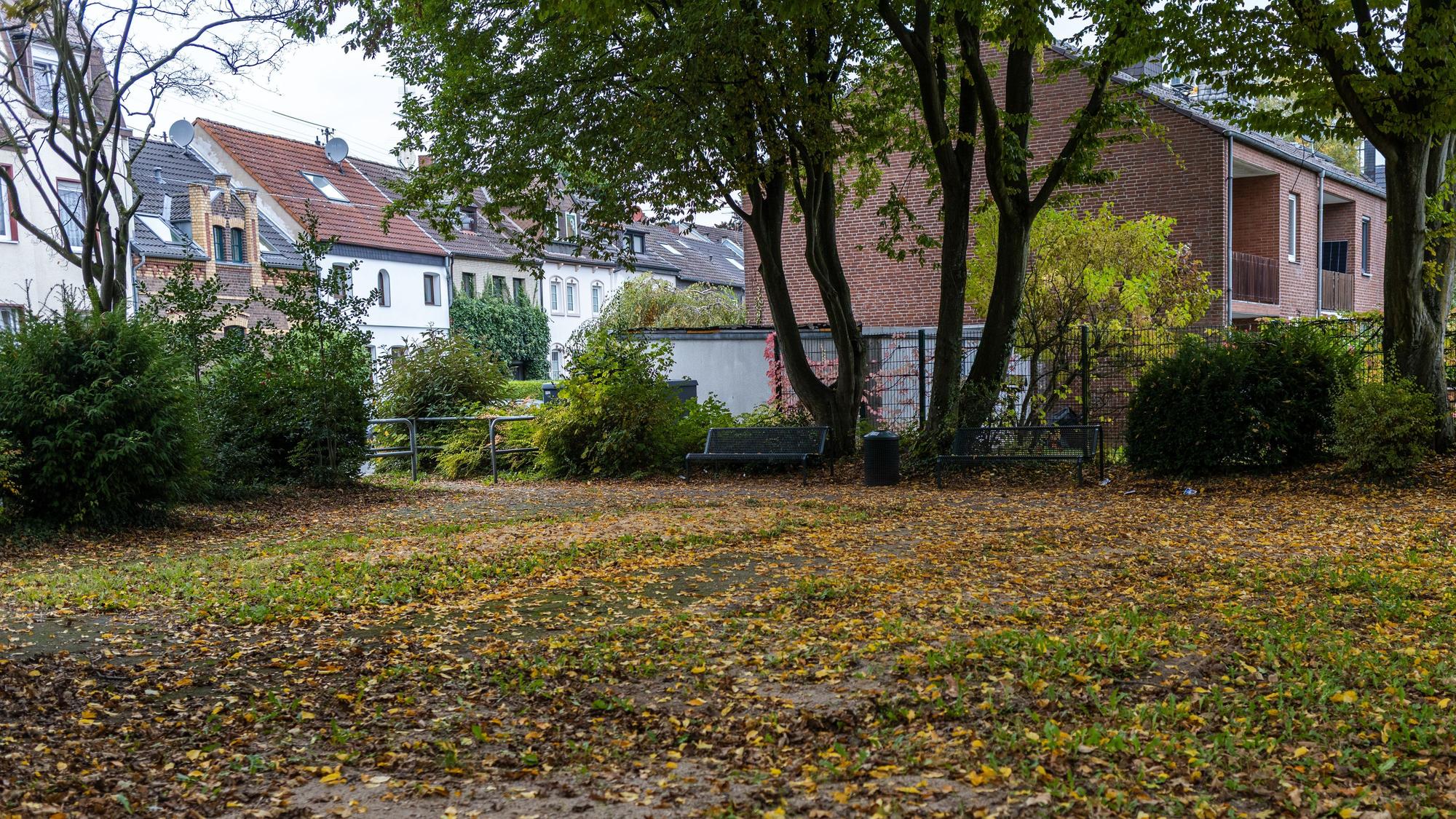 Ein Platz mit zwei Bänken und viel Laub.