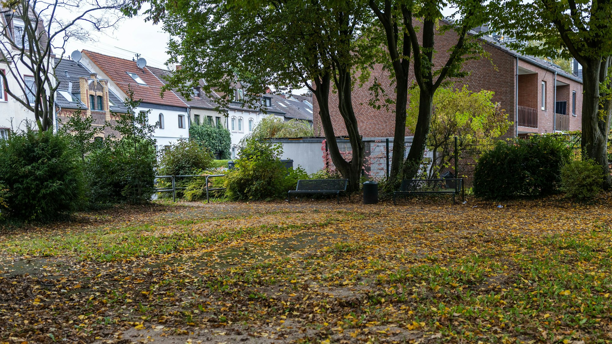 Ein Platz mit zwei Bänken und viel Laub.