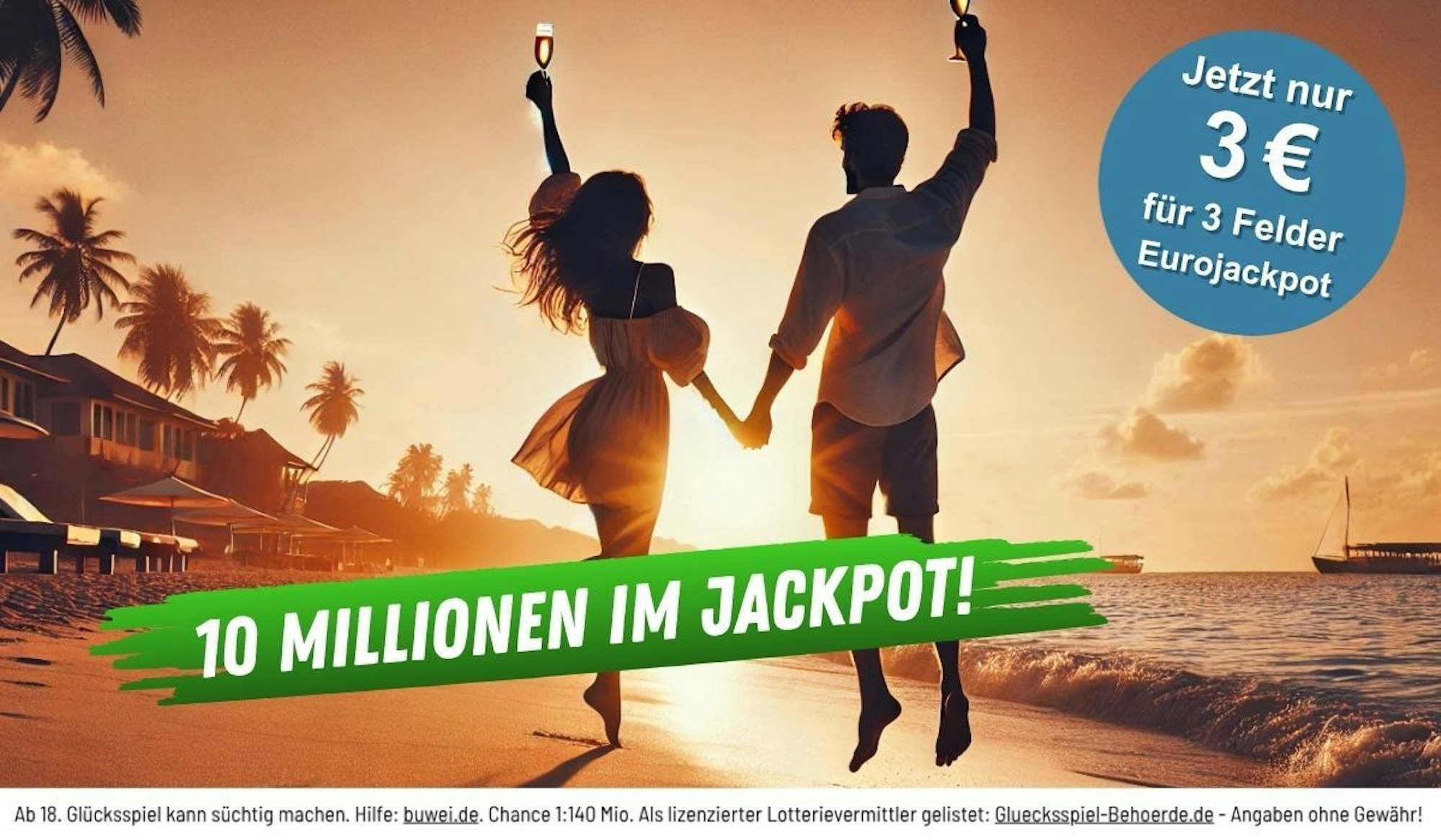 Strand im Abendrot. Eine Mann und eine Frau springen jubelnd mit einem Glas Sekt in der Hand in die Luft. Darunter Schriftzug 10 Millionen im Eurojackpot.