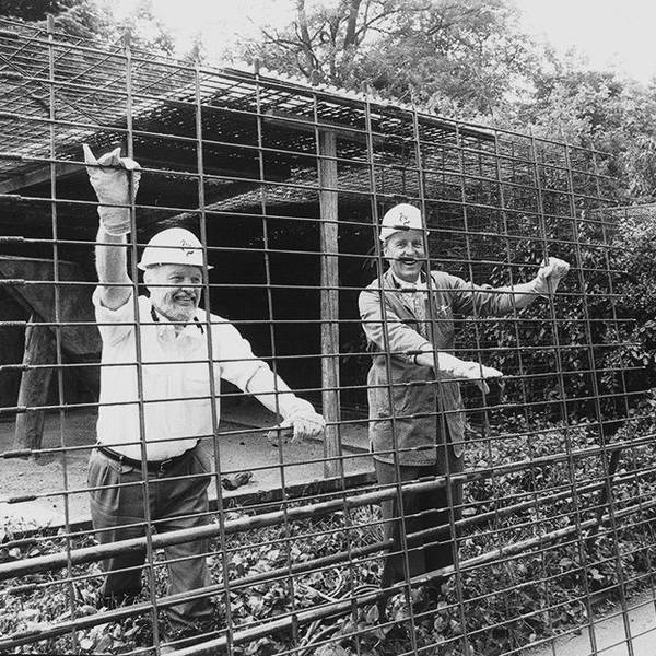 Die Zeit der Käfighaltung ist vorbei, Zoodirektor Gunther Nogge (l.) hilft 1994, die alten Leopardenkäfige zu demontieren.