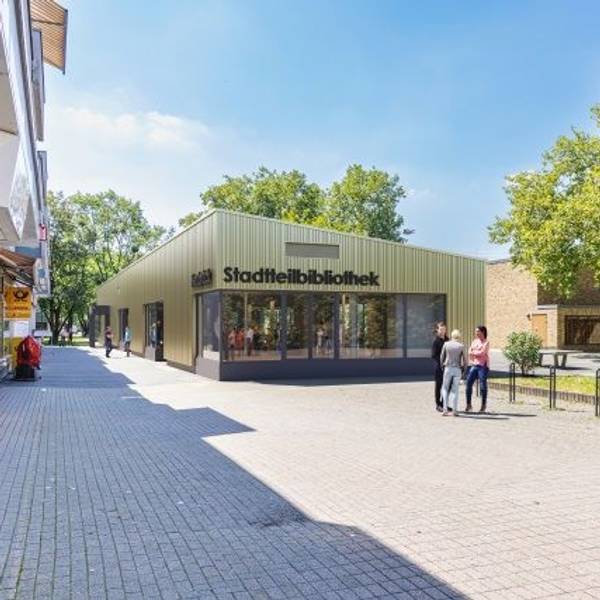 Auf einer Visualisierung wird die neue Bibliothek in Neubrück gezeigt.