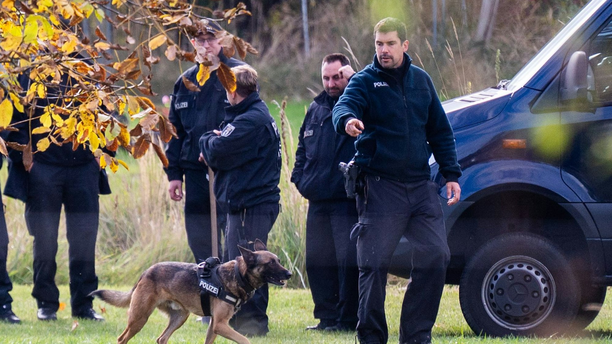 Das Bild zeigt Polizeibeamte bei der Durchsuchung eines Grundstückes im Fall der verschwundenen Rebecca Reusch. Foto: Christophe Gateau/dpa