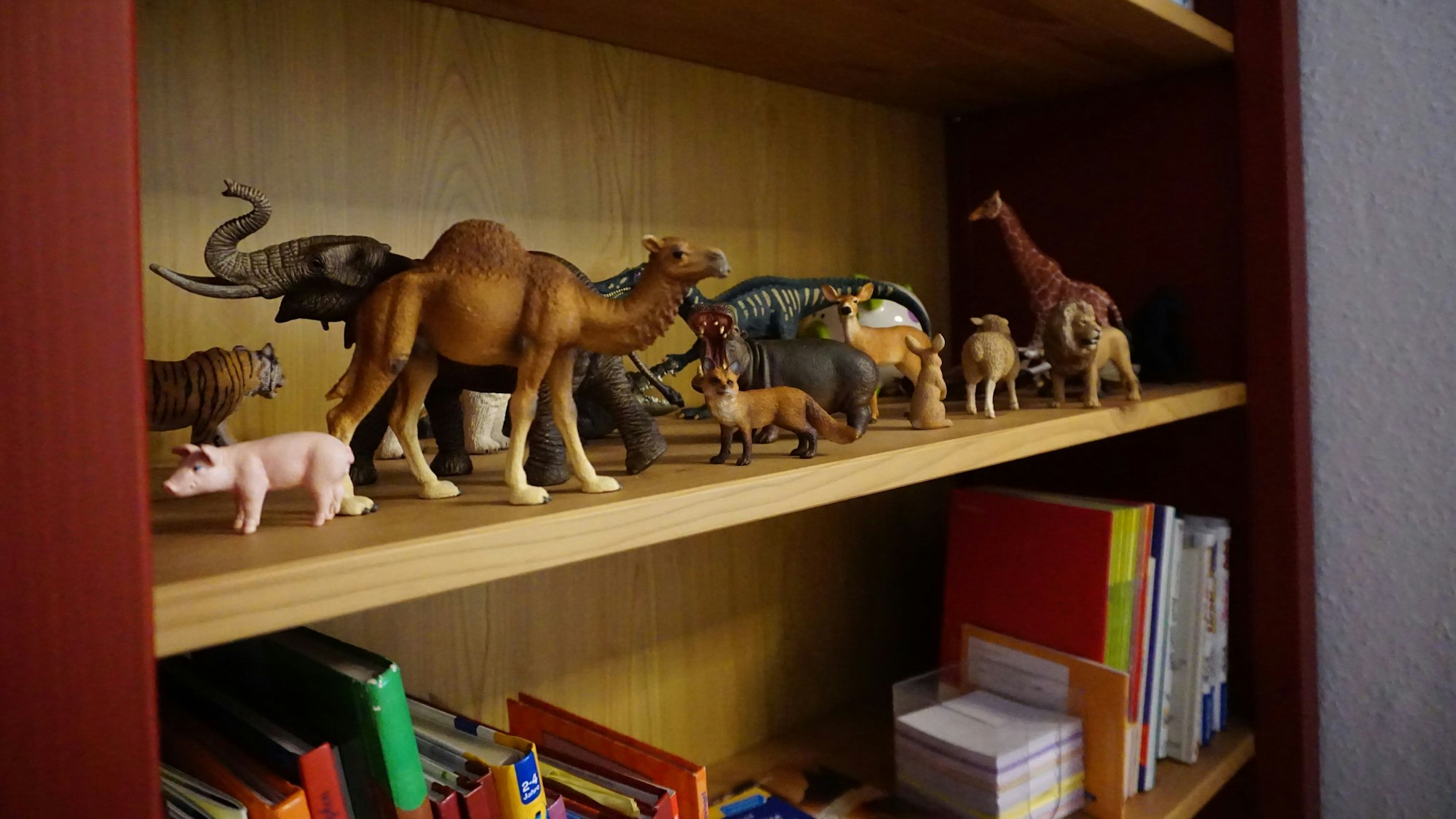 Tierfiguren und Bücher stehen in einem Regal.