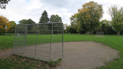 Fürs Basketballspielen eher ungeeignet: Der „Bolzplatz“ im Rochusplatz ist im Grunde eine normale Grünanlagen-Wiese mit zwei Toren drauf.