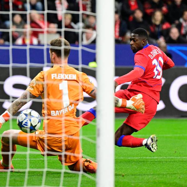 Paris Saint-Germain's French forward #10 Ousmane Dembele scores his team's sixth goal 2-6 during the UEFA Champions League football match between Bayer 04 Leverkusen and Paris Saint-Germain (PSG) at the BayArena stadium in Leverkusen, western Germany on October 21, 2025. (Photo by INA FASSBENDER / AFP)