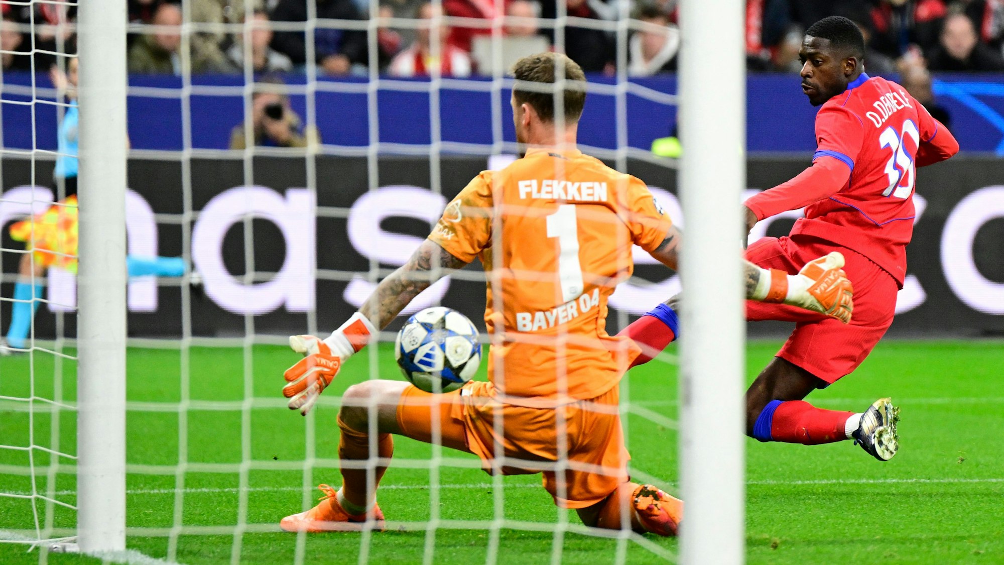 Paris Saint-Germain's French forward #10 Ousmane Dembele scores his team's sixth goal 2-6 during the UEFA Champions League football match between Bayer 04 Leverkusen and Paris Saint-Germain (PSG) at the BayArena stadium in Leverkusen, western Germany on October 21, 2025. (Photo by INA FASSBENDER / AFP)