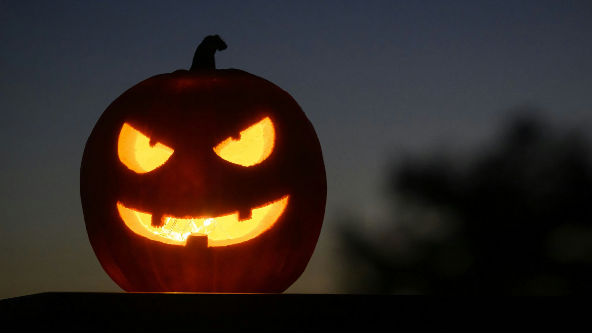 Als Halloween-Dekoration steht ein ausgehöhlter, beleuchteter Kürbis mit einem geschnitzten grinsenden Gesicht in einem Garten in Daillens, Schweiz.
