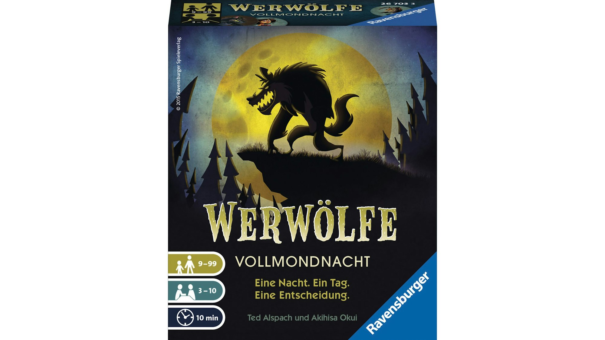 «Werwölfe: Vollmondnacht» spielen bis zu 10 Personen als Bewohner eines Dorfes gegen Wölfe - jede Gruppe gewinnt für sich. Dabei darf und soll kräftig gelogen und getäuscht werden. Vor allem die Wölfe versuchen, sich möglichst gut zu tarnen.