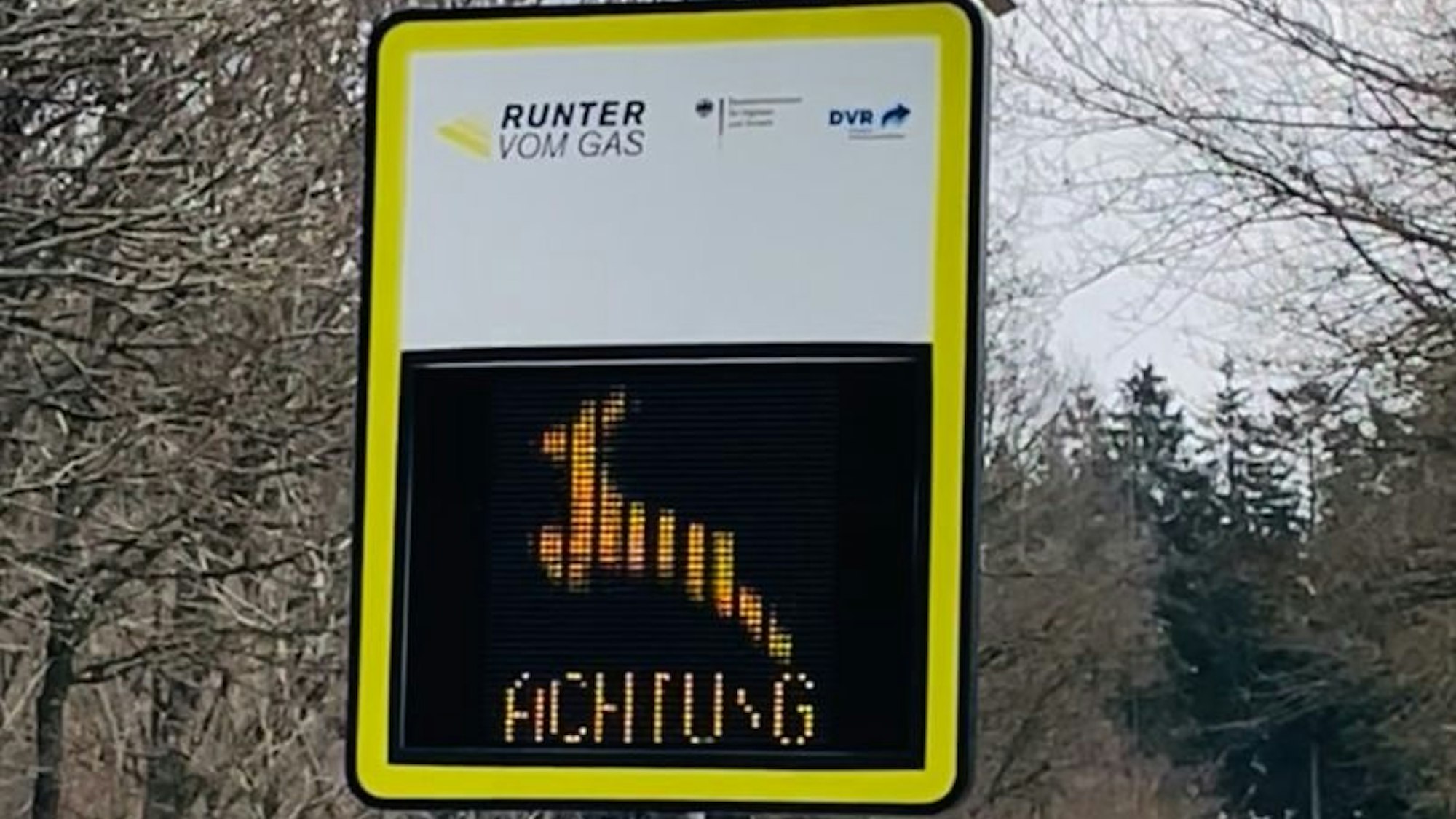 Ein dreieckiges Warnschild mit einem springenden Hirsch darauf steht am Straßenrand.