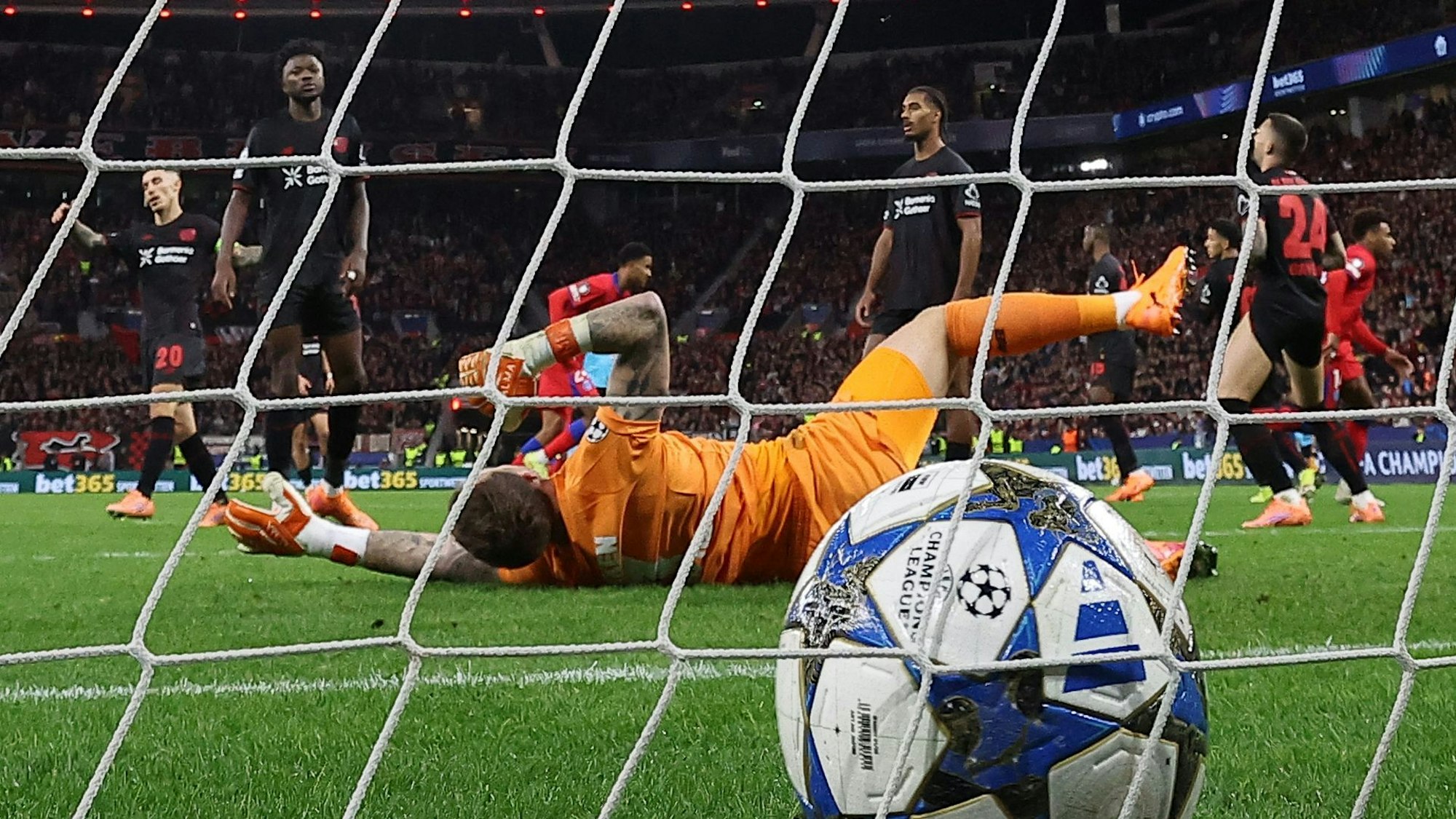 Bayer Leverkusen's Dutch goalkeeper #01 Mark Flekken fails to save the 1-2 goal during the UEFA Champions League football match between Bayer 04 Leverkusen and Paris Saint-Germain (PSG) at the BayArena stadium in Leverkusen, western Germany on October 21, 2025. (Photo by FRANCK FIFE / AFP)
