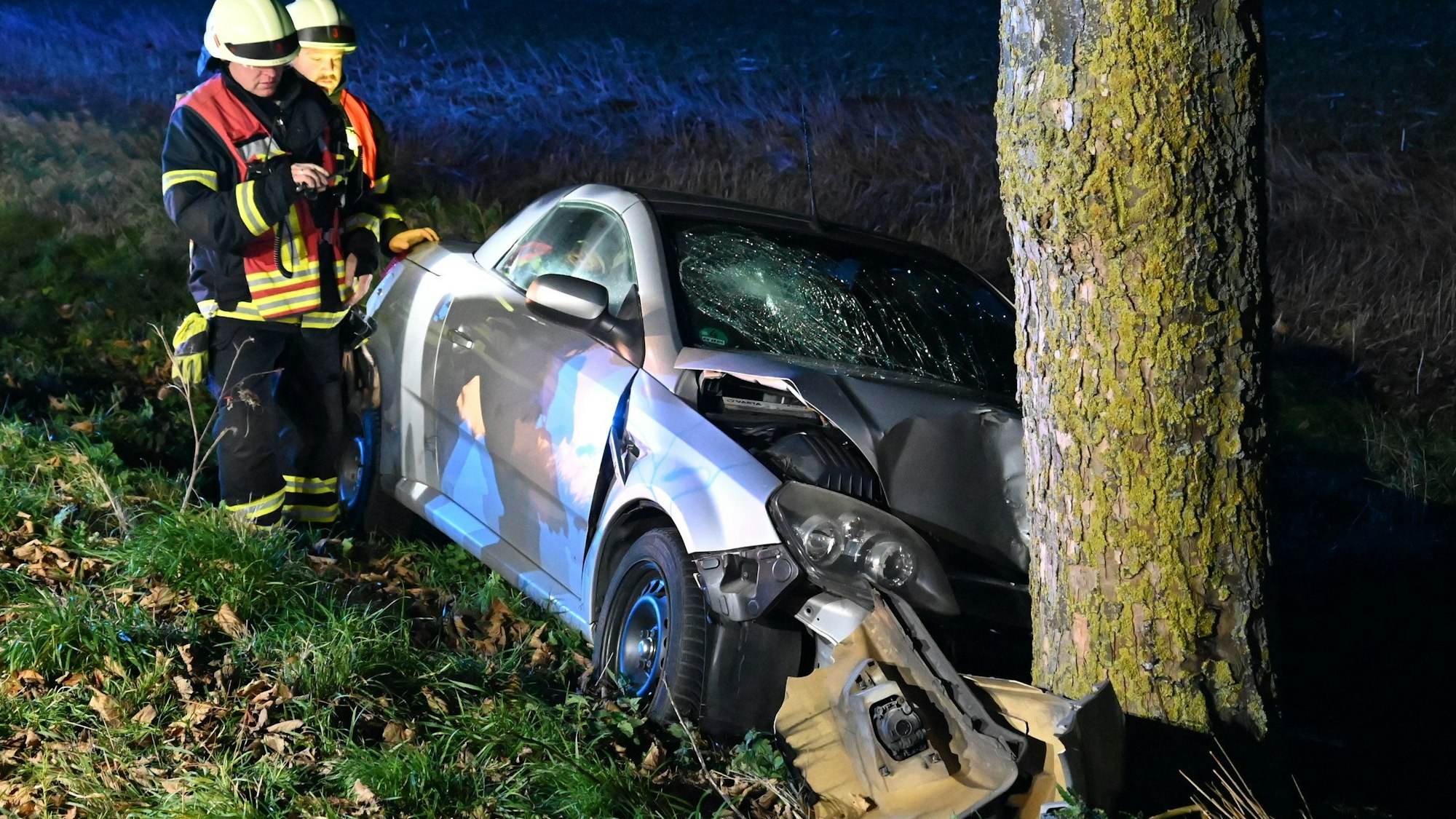 Das Bild zeigt ein Auto, das gegen einen Baum geprallt war.