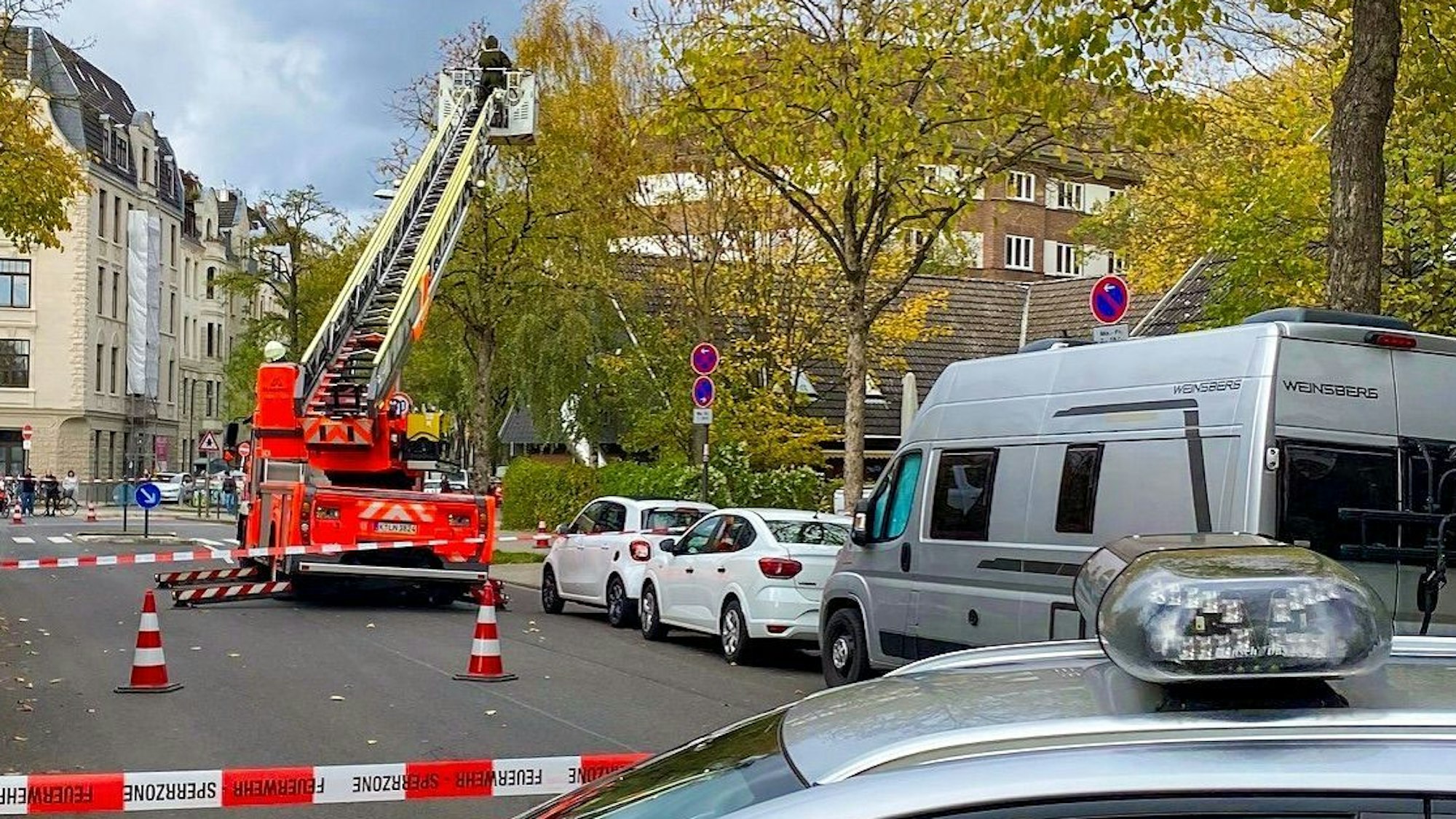 Ein Mann steht im Korb einer Drehleiter, die an einen Straßenbaum heranreicht. Die Straße ist mit Flatterband abgesperrt.