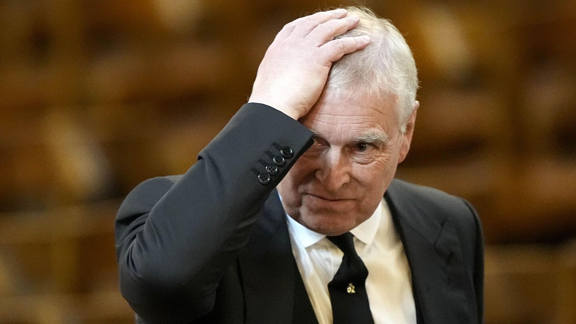 Prinz Andrew streicht sich über den Kopf.