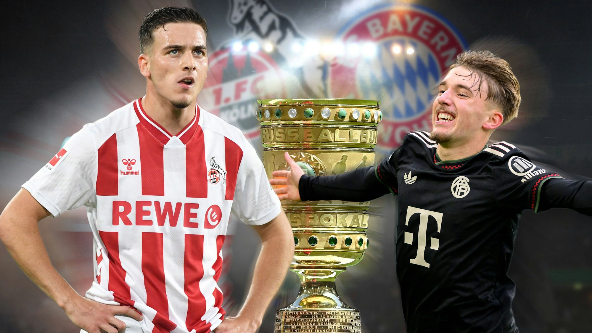 ACHTUNG FOTOMONTAGE: Vorschau Fussball DFB Pokal 2.Runde: 1.FC Koeln - FC Bayern Muenchen am 29.10.2025, v.li:die beiden Youngster Said EL MALA 1.FC Koeln und Lennart KARL Bayern Muenchen treffen aufeinander. *** ATTENTION PHOTOMONTAGE Preview Soccer DFB Pokal 2 Round 1 FC Koeln FC Bayern Muenchen on 29 10 2025, from left the two youngsters Said EL MALA 1 FC Koeln and Lennart KARL Bayern Muenchen meet each other