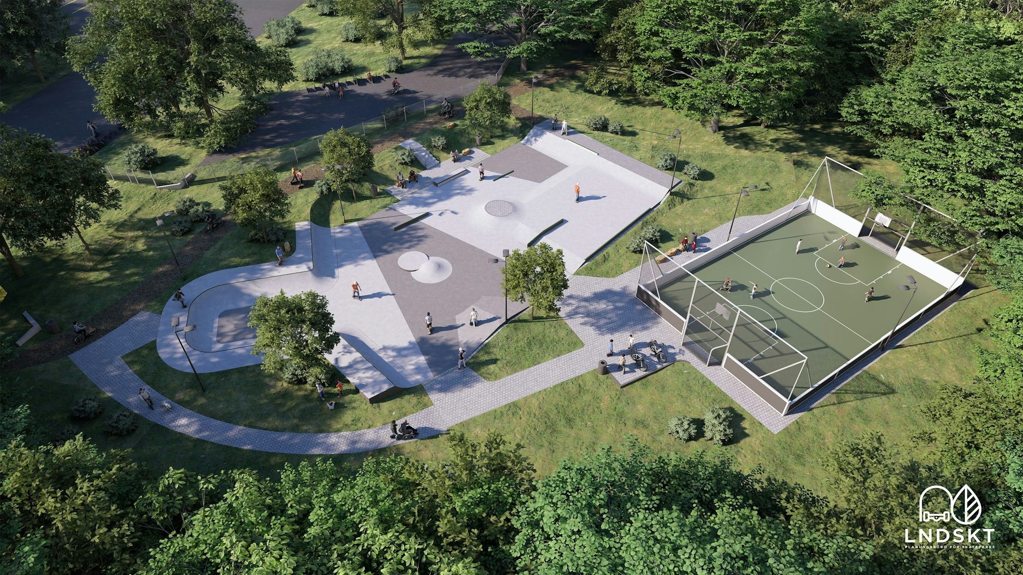 Zu sehen ist eine Darstellung der Skateanlage sowie des Multi-Courts.