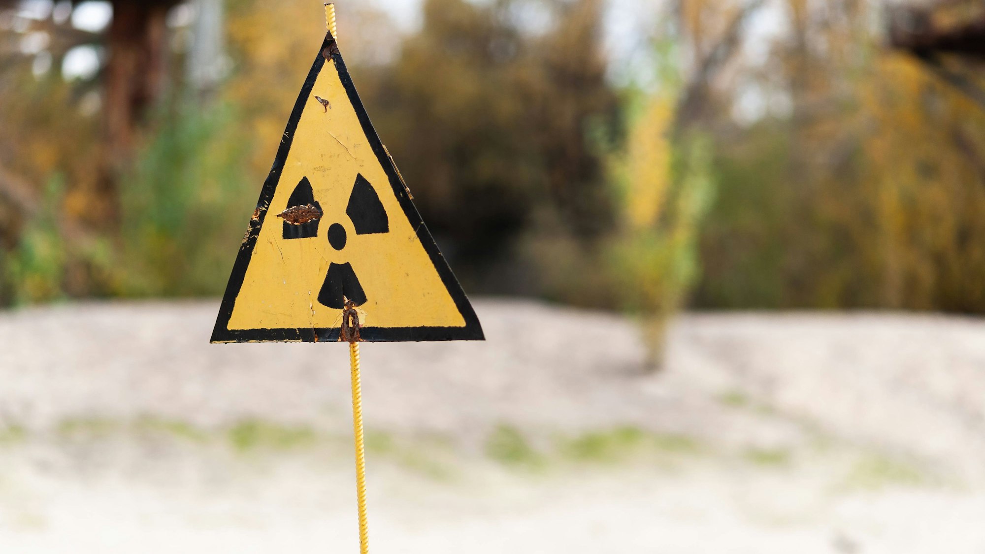 Symbolisches Bild eines verrosteten gelben Strahlungsschilds in der Tschernobyl-Sperrzone.