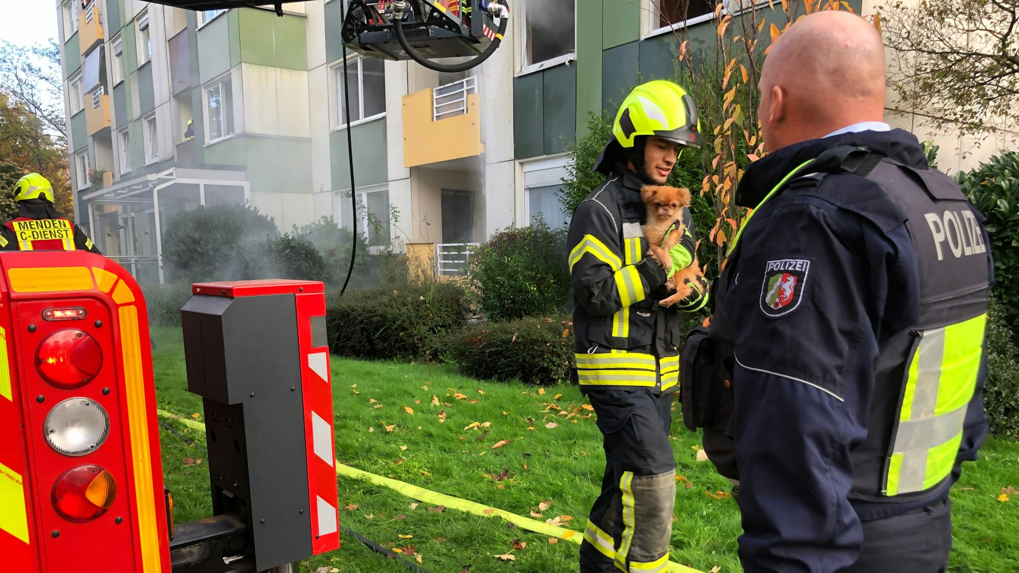 Feuerwehrleute retteten auch den Hund der siebenköpfigen Familie aus der Wohnung.