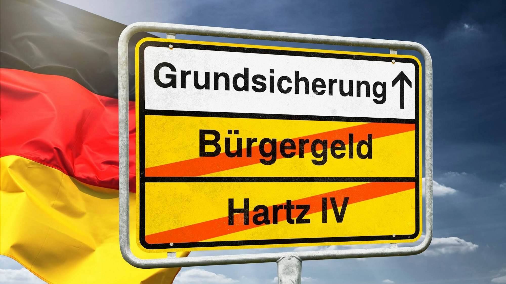 Ortsschild mit Aufschrift Grundsicherung und durchgestrichenen Aufschriften Hartz IV und Bürgergeld, Fotomontage.  Ohde, Christian