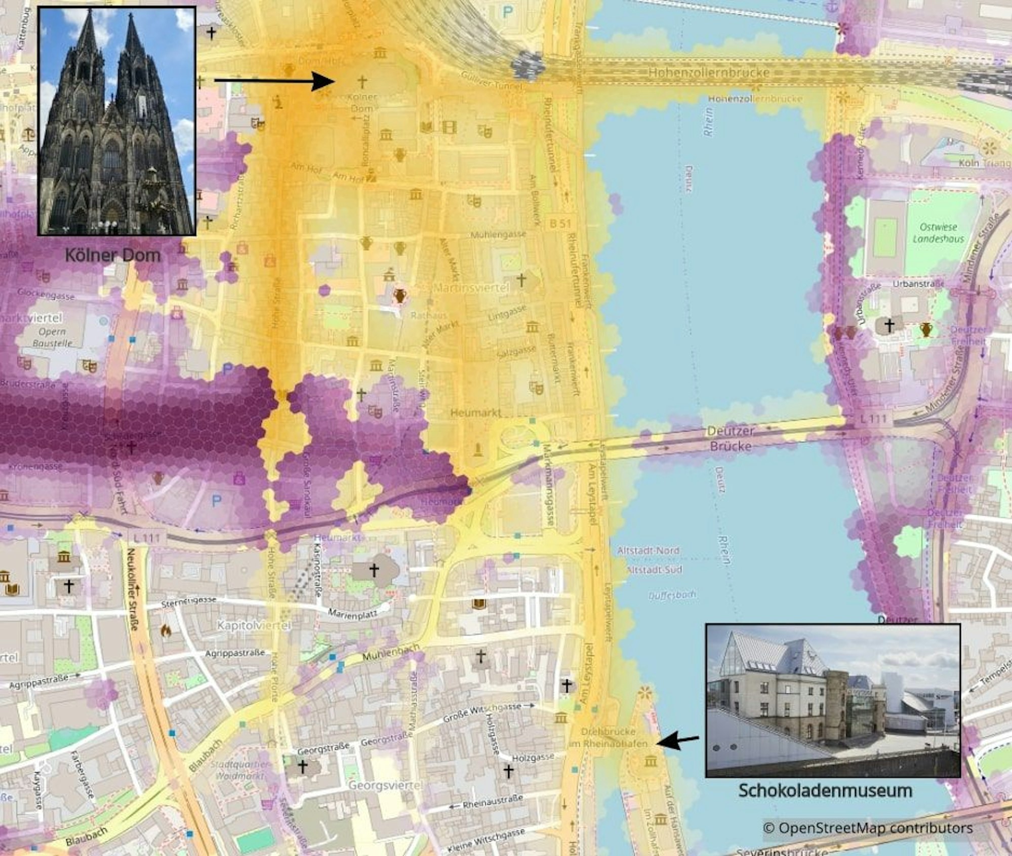 Eine Karte von der Kölner Innenstadt. Der Kölner Dom und das Schokoladenmuseum sind eingezeichnet.