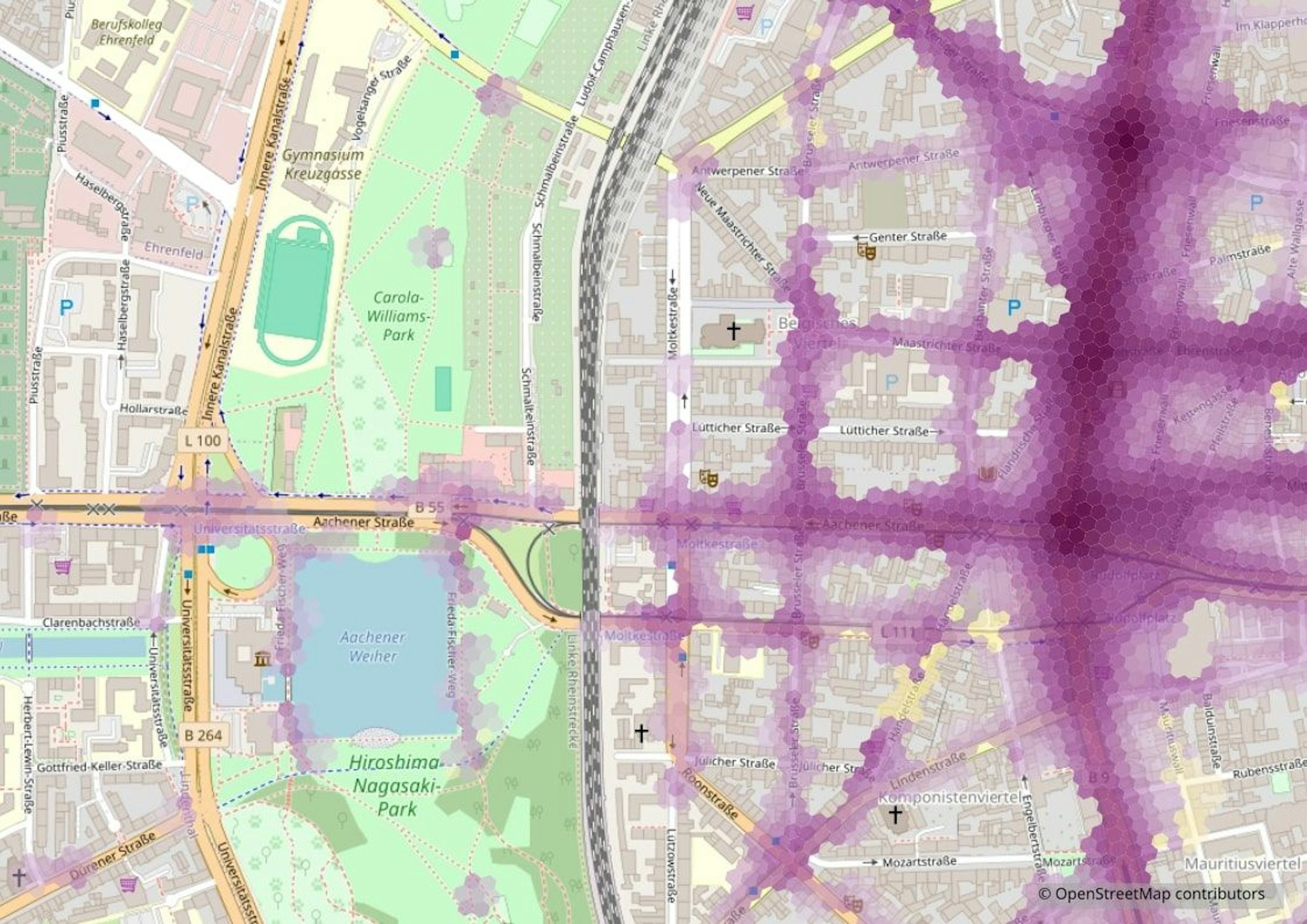Ausschnitt der Stadtkarte: Links der Aachener Weiher, rechts der Hohenstaufenring.