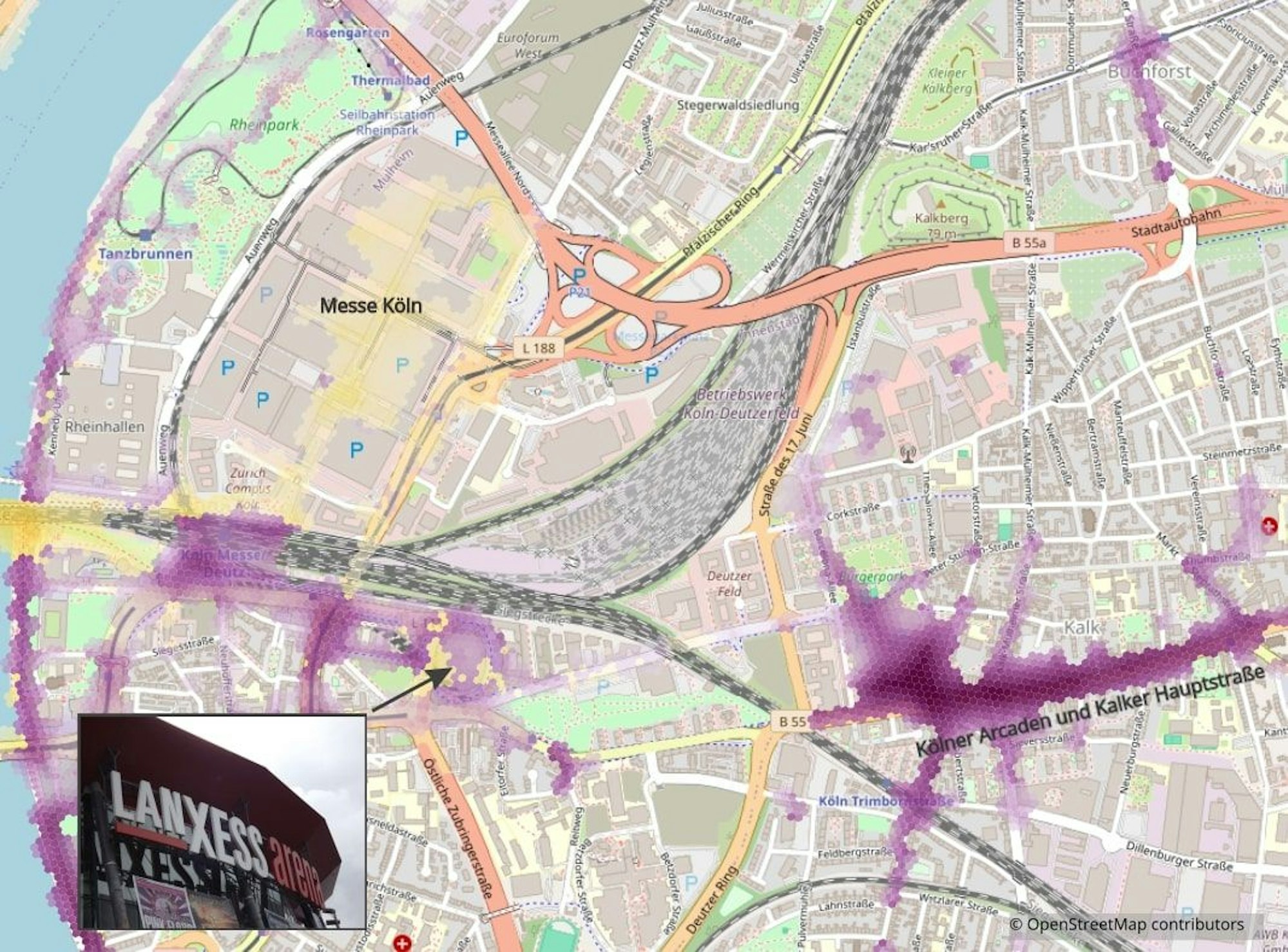 Ausschnitt der Kölner Stadtkarte: rechtsrheinisch Deutz und Kalk