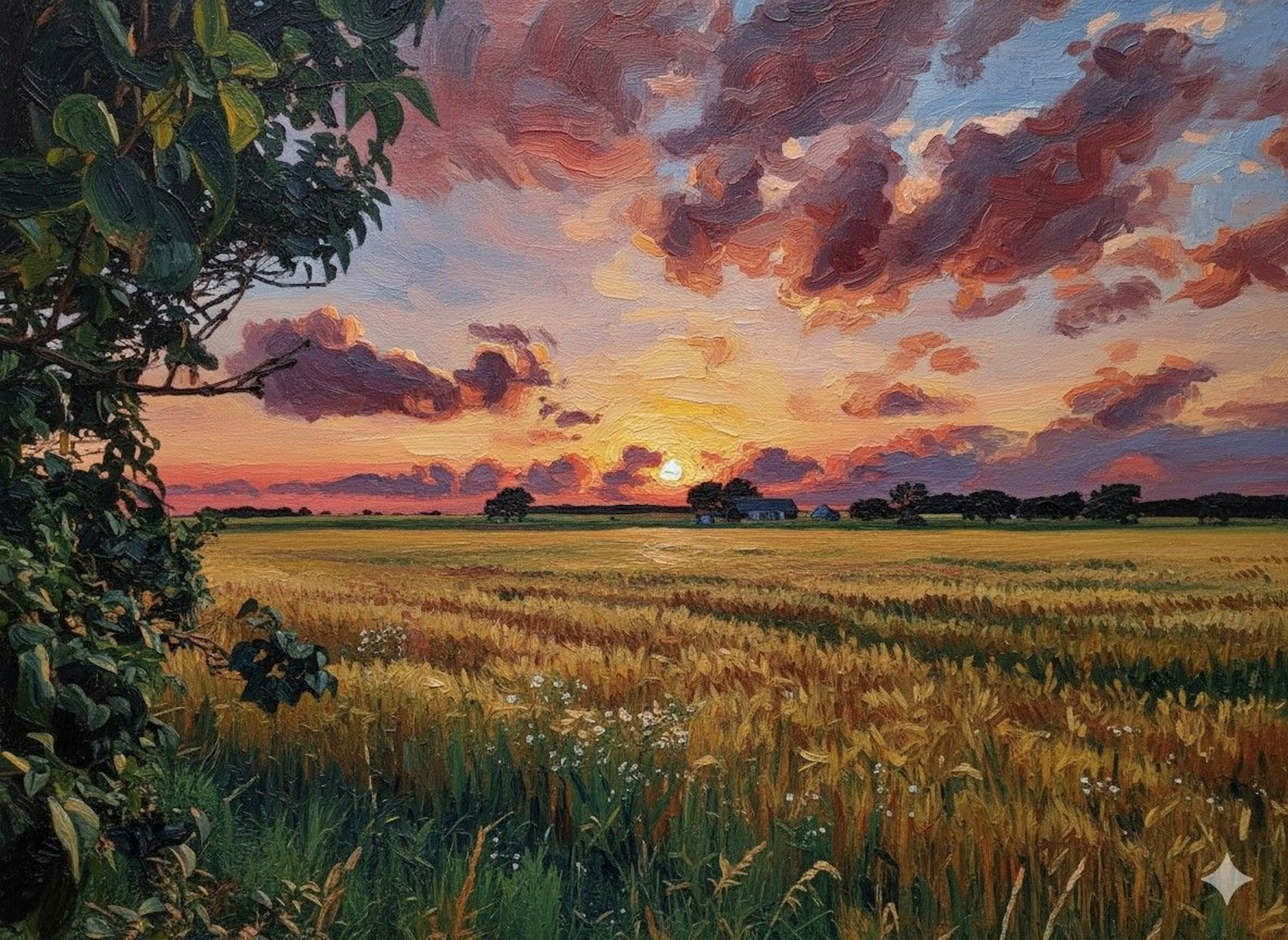 Gemini hat ein Foto eines Feldes mit Sonnenuntergang in ein expressionistisches Gemälde verwandelt.