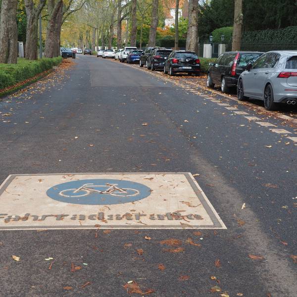 Auf einer Straße ist das Piktogramm Fahrradstraße zu sehen.