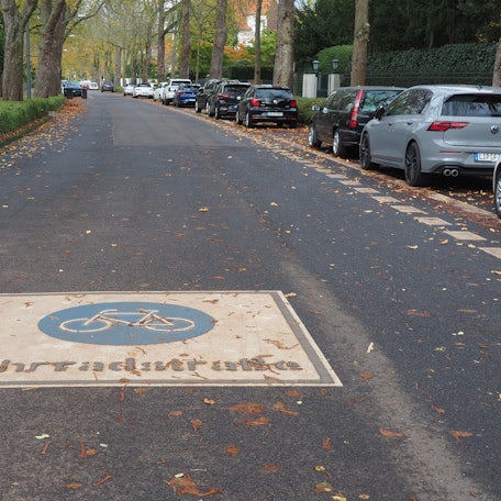 Auf einer Straße ist das Piktogramm Fahrradstraße zu sehen.