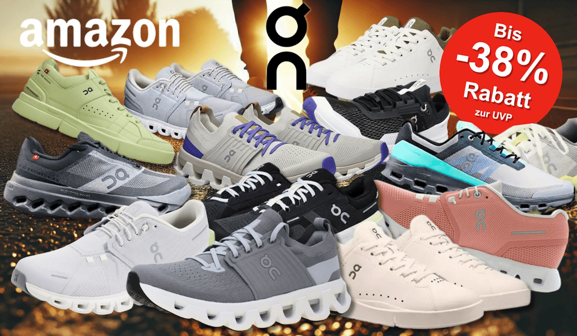 On Sneaker und Laufschuhe Running Schuhe vor einem Hintergrund mit Straßen-Asphalt in der Morgensonne.