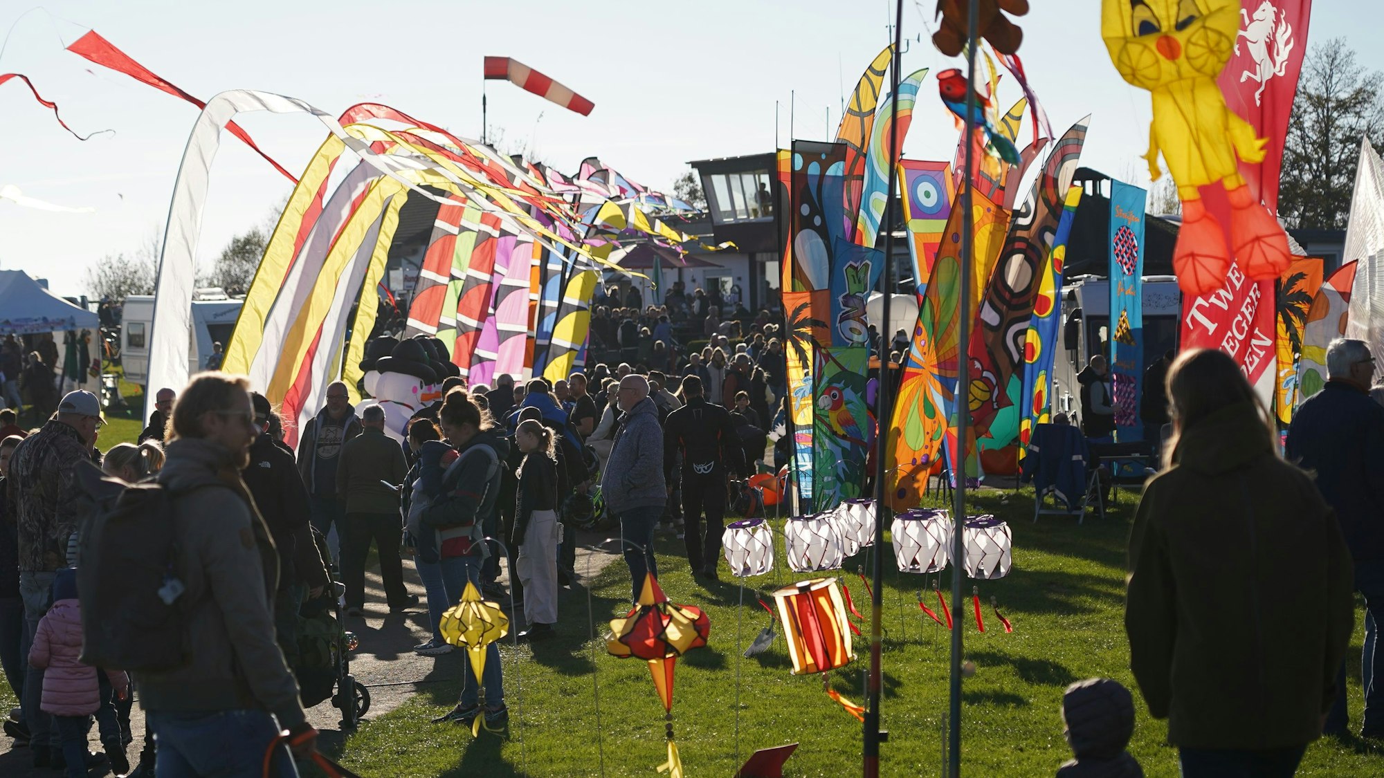 Das Bild zeigt viel Betrieb beim Drachenfest auf dem Dümpel.