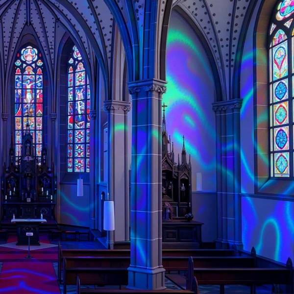 Der Innenraum der Pfarrkirche St. Aegidius in Porz-Wahn ist sphärisch beleuchtet.