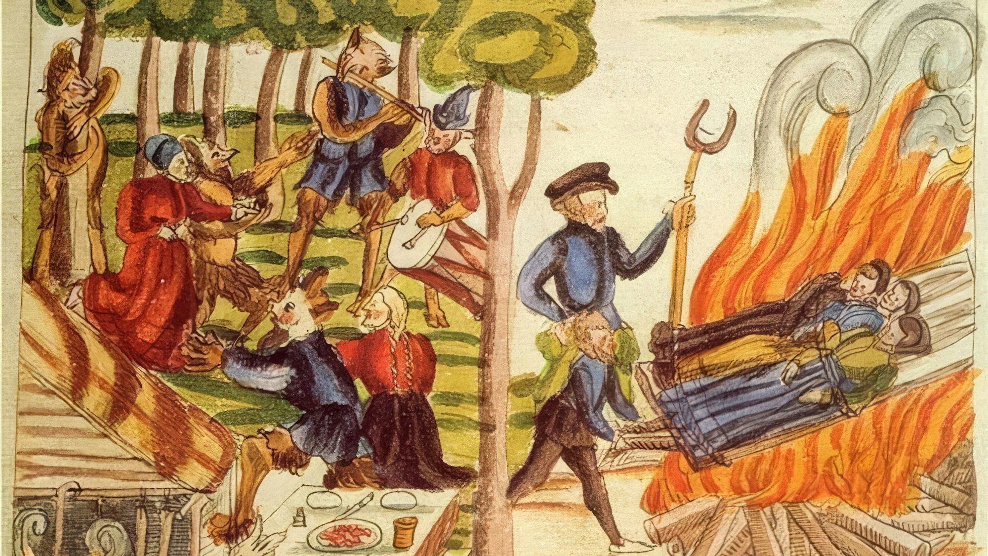 Eine Illustration zeigt zweigeteilt von einem Wald auf der linken Seite einen Hexensabbat, bei dem zu Musik getanzt wird und auf der rechten Seite eine Hexenverbrennung von drei Frauen.