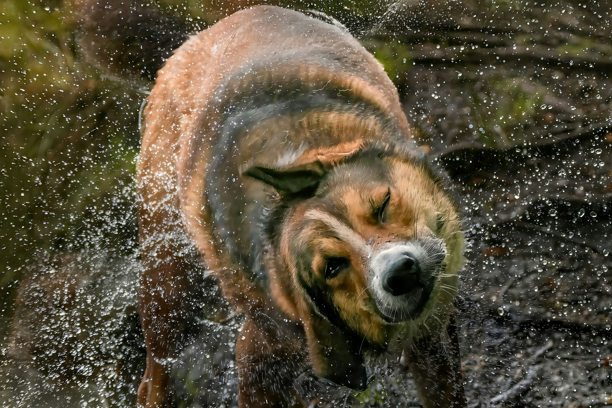 Das Bild zeigt einen nassen Hund, der sich schüttelt.