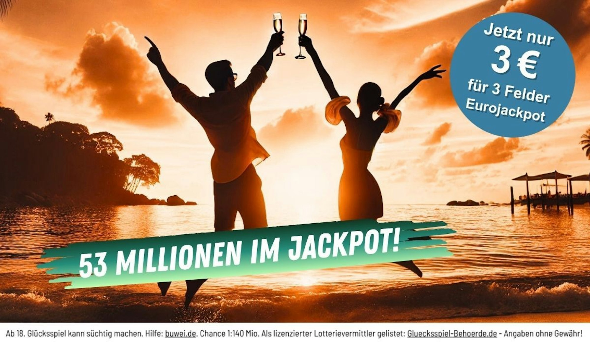 Ein Paar am Strand springt freudig in die Luft, man sieht nur ihre Silhouetten von hinten. Darunter Schriftzug 53 Millionen im Eurojackpot.