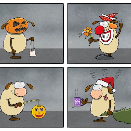 Vier Bilder sind zu sehen. Auf einem ist ein Schaf mit Kürbisgesicht und Beutel an Halloween zu sehen, auf dem zweiten ein karnevalistisch verkleidetes Schaf, auf dem dritten ein Schaf mit Martinslaterne und auf dem vierten ein Schaf mit Weihnachtsmütze und Glühwein in der Hand.