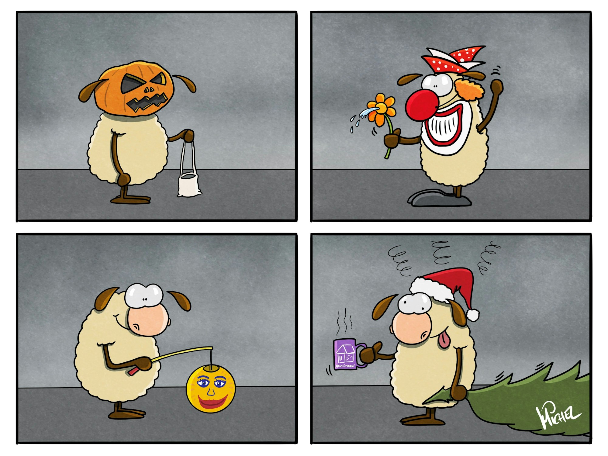 Vier Bilder sind zu sehen. Auf einem ist ein Schaf mit Kürbisgesicht und Beutel an Halloween zu sehen, auf dem zweiten ein karnevalistisch verkleidetes Schaf, auf dem dritten ein Schaf mit Martinslaterne und auf dem vierten ein Schaf mit Weihnachtsmütze und Glühwein in der Hand.