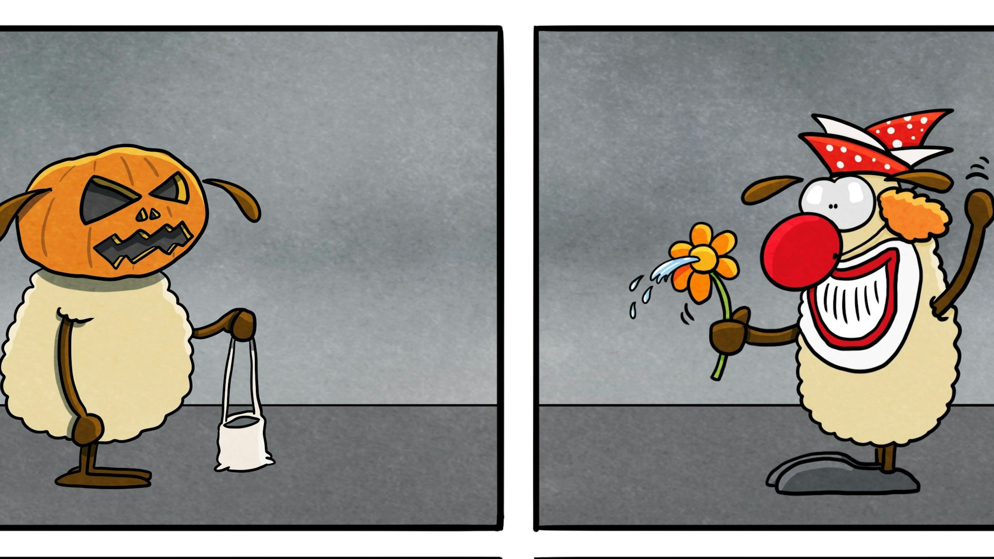 Vier Bilder sind zu sehen. Auf einem ist ein Schaf mit Kürbisgesicht und Beutel an Halloween zu sehen, auf dem zweiten ein karnevalistisch verkleidetes Schaf, auf dem dritten ein Schaf mit Martinslaterne und auf dem vierten ein Schaf mit Weihnachtsmütze und Glühwein in der Hand.