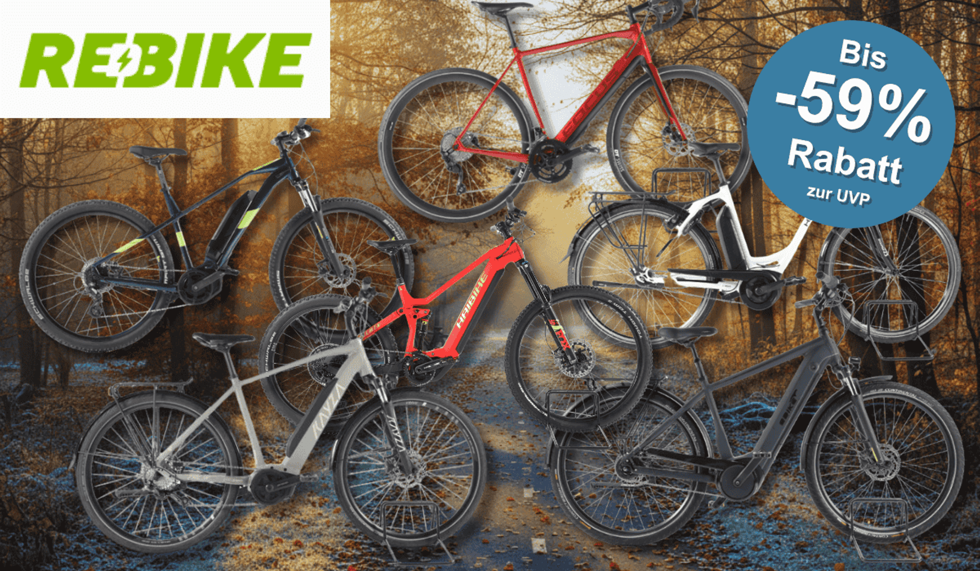 Anordnung verschiedener Rebike Fahrräder vor einem winterlichen Hintergrund.