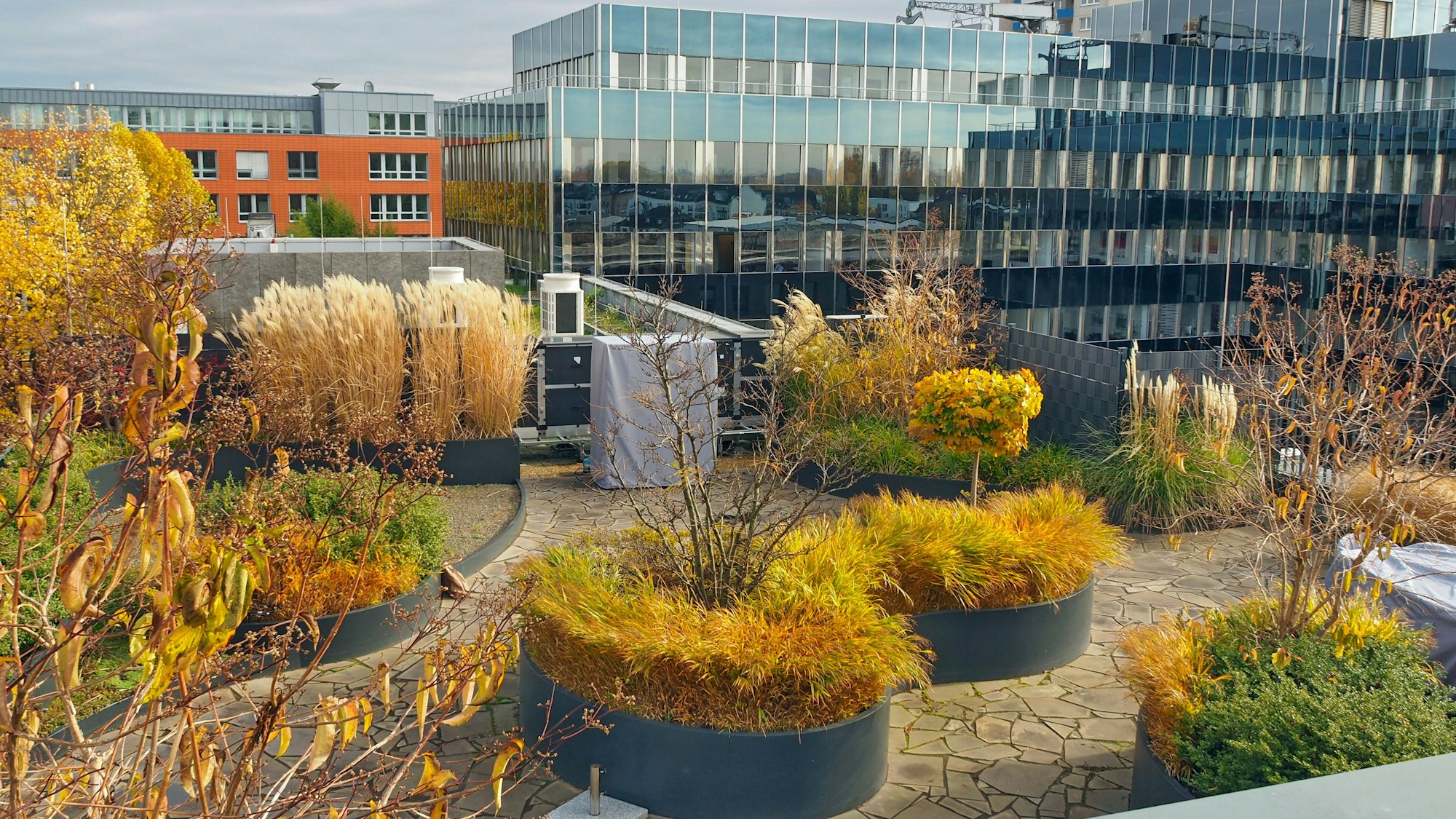 Auf der 200 Meter großen Dachterrasse finden sich – in hohe Aufbauten gepflanzt – unter anderem Ahorn, Gleditschie, Azaleen und Gräser. Die Pflanzen sorgen für Kühlung an heißen Tagen.