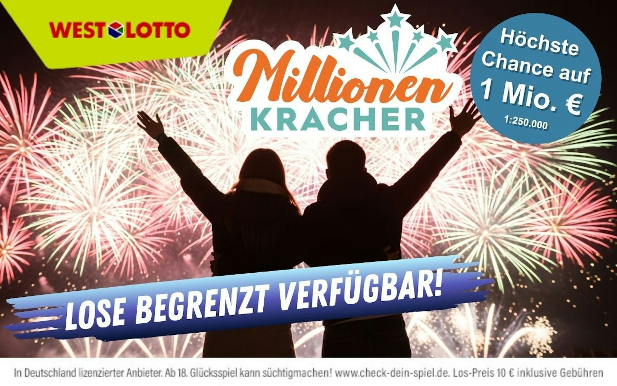 Ein Mann und eine Frau stehen mit dem Rücken zur Kamera vor einem Feuerwerk bei Nacht. Darüber das Millionenkracher-Logo von WestLotto.