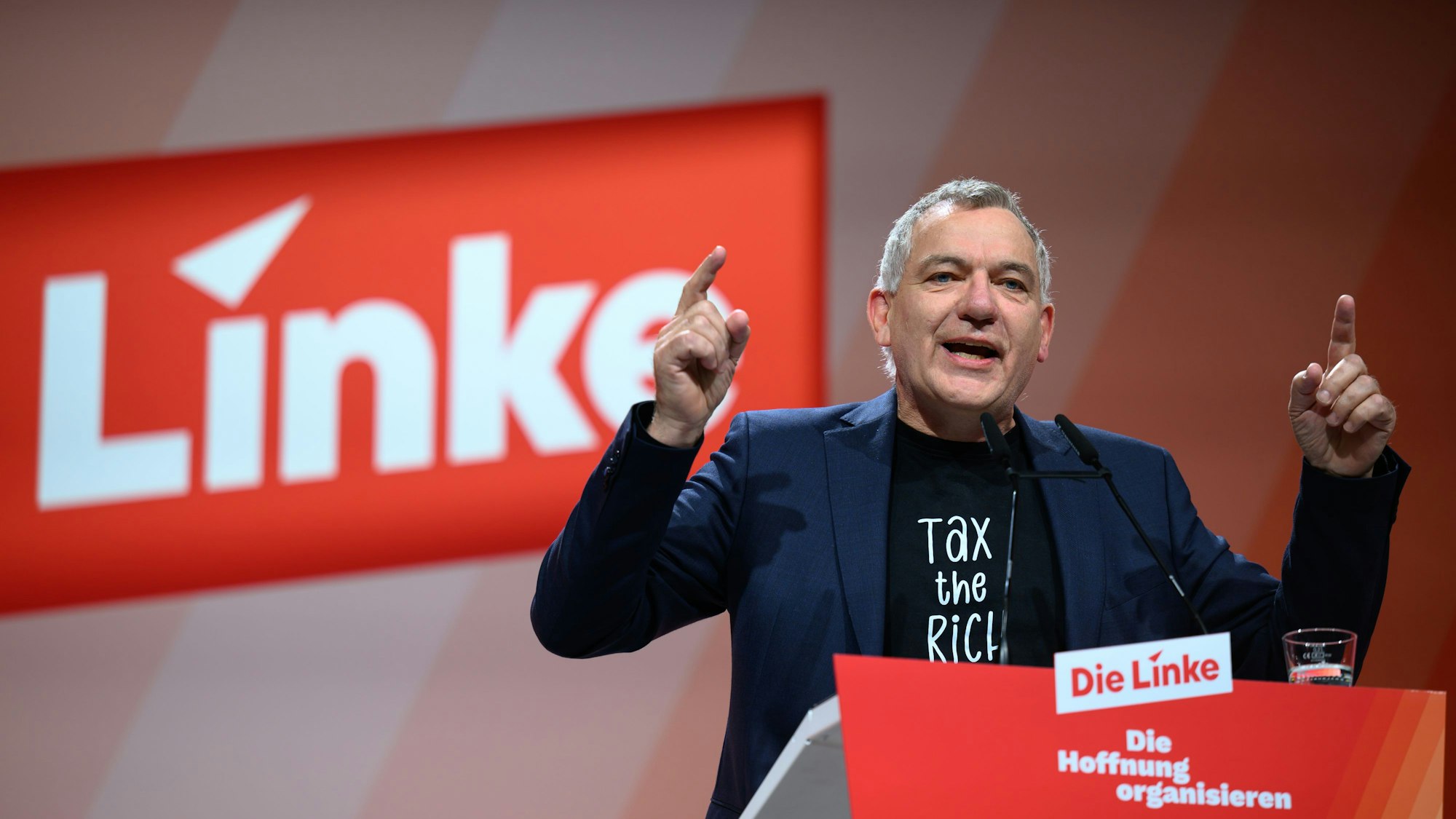 Jan van Aken, Parteivorsitzender Die Linke, spricht auf dem Bundesparteitag der Partei (Archivbild).