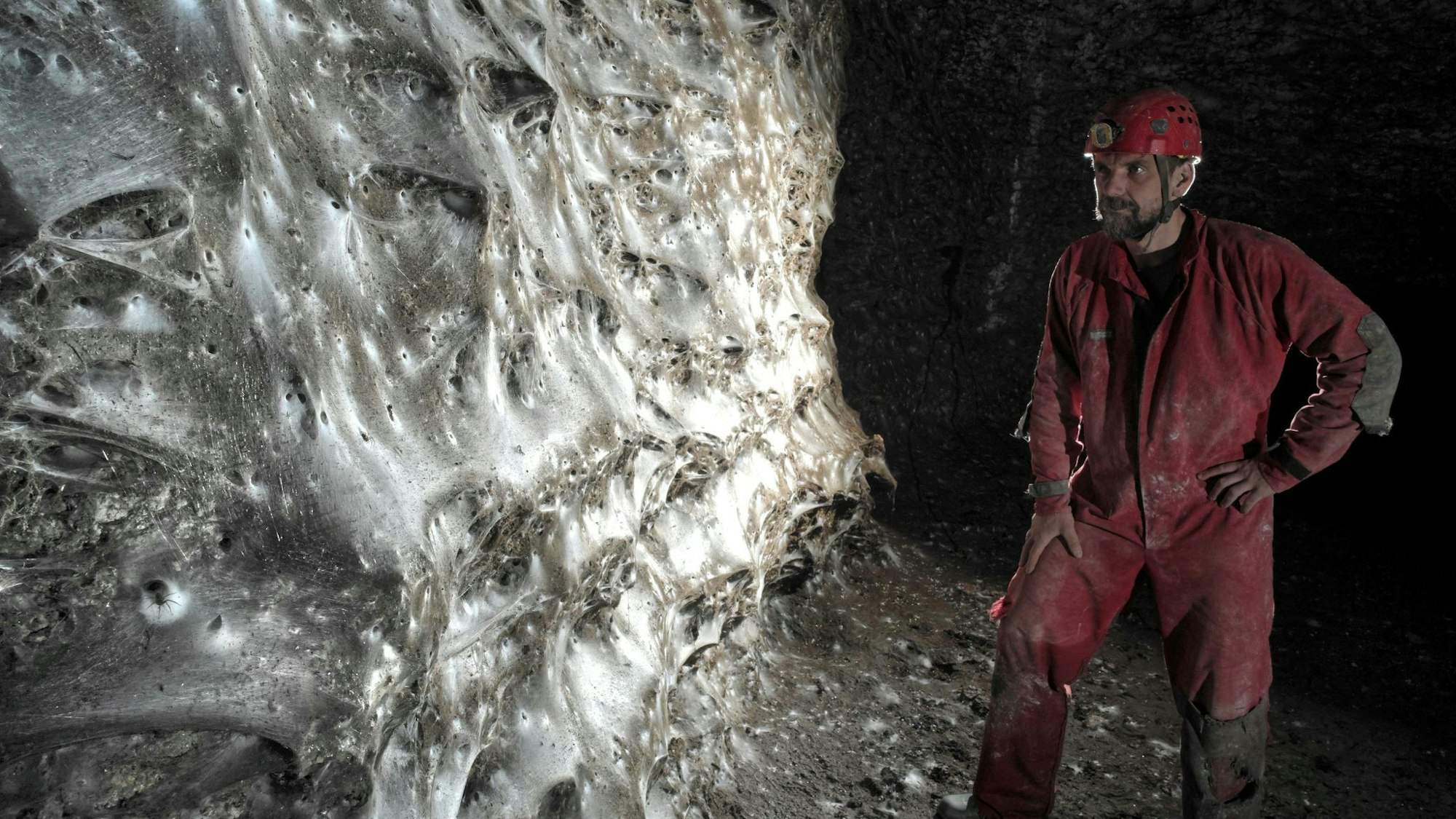 Ein Wissenschaftler vor dem riesigen Spinnennetz