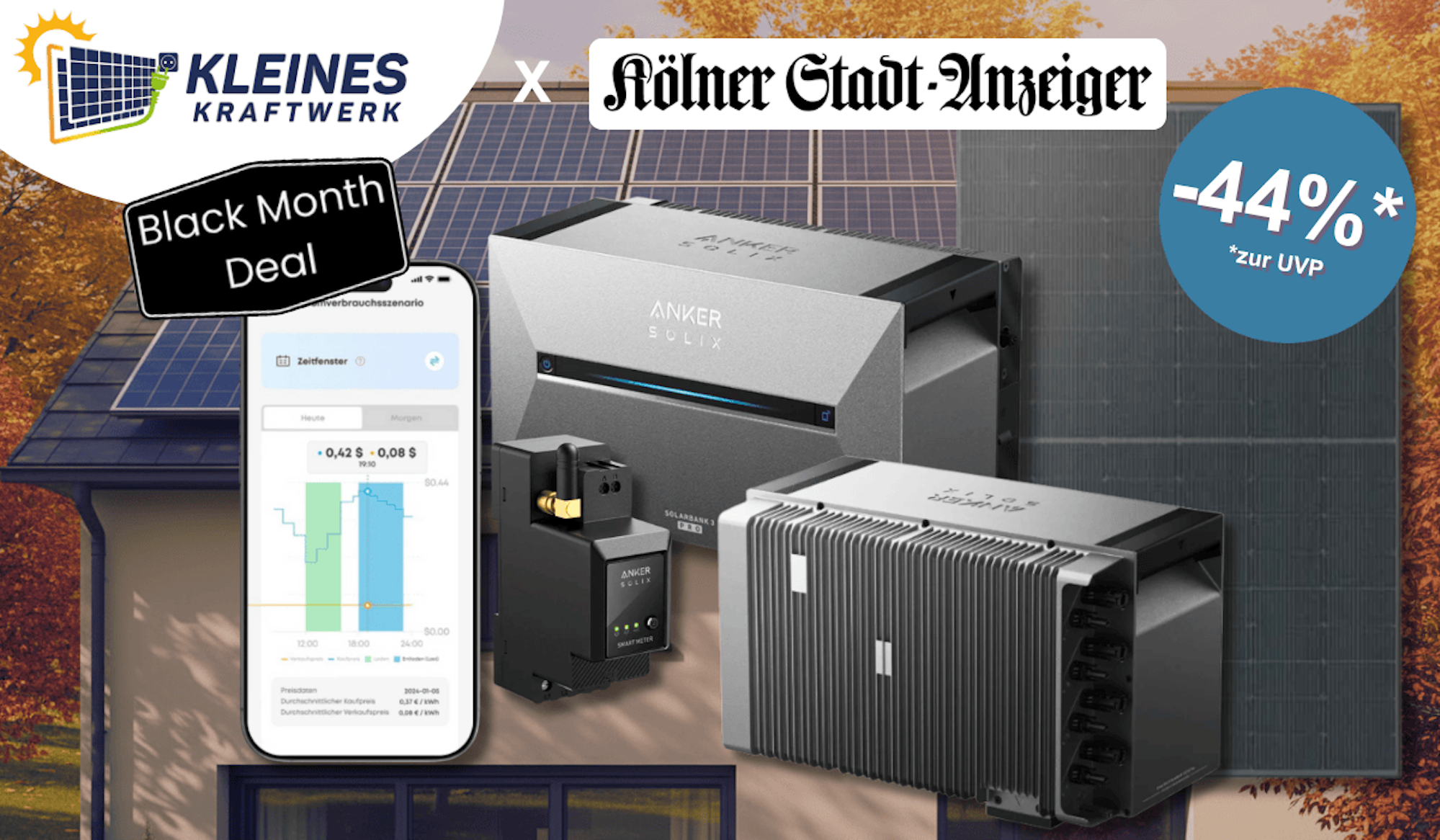 Darstellung eines Balkonkraftwerks von Kleines Kraftwerk mit Anker Solarbank und App auf dem Handy.